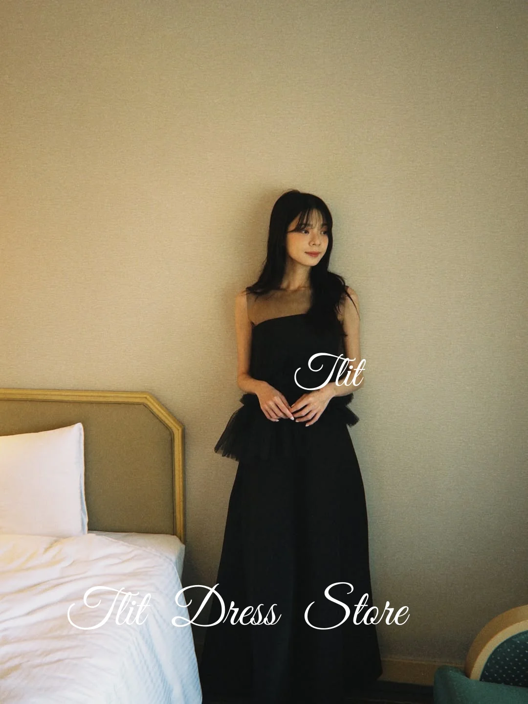 TLIT أنيق أسود الحرير الساتان ألف خط فستان الزفاف مخصص س الرقبة الأسود تول فستان زفاف كوريا فستان الزفاف صور تبادل لاطلاق النار #4
