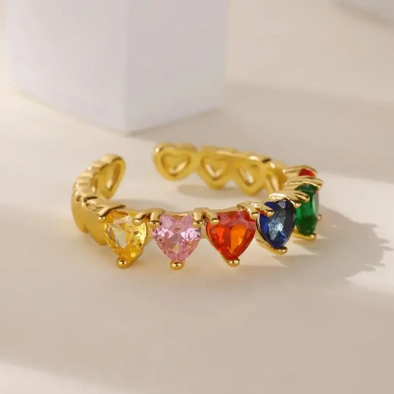 

Colored Zircon Heart Rings For Women 18K Gold Plated Stainless Steel Heart Opening Ring Wedding Aesthetic Christmas Jewelry