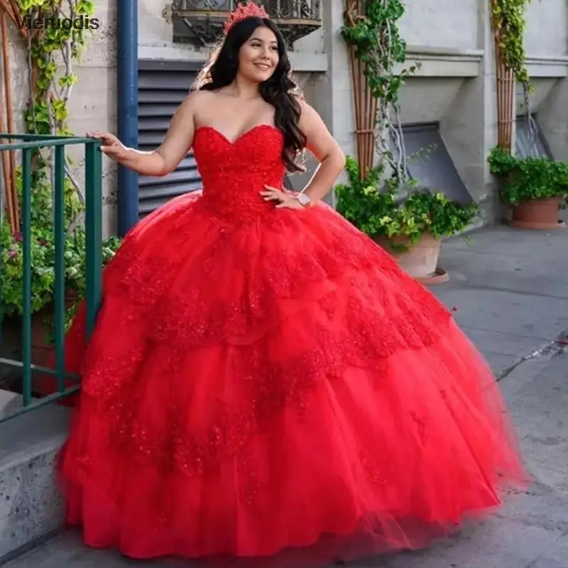 Rouge scintillant Quinceanera robes de bal 2021 épaules dénudées dentelle appliques paillettes robe de bal Tulle fête douce 16 robe Quincea?era