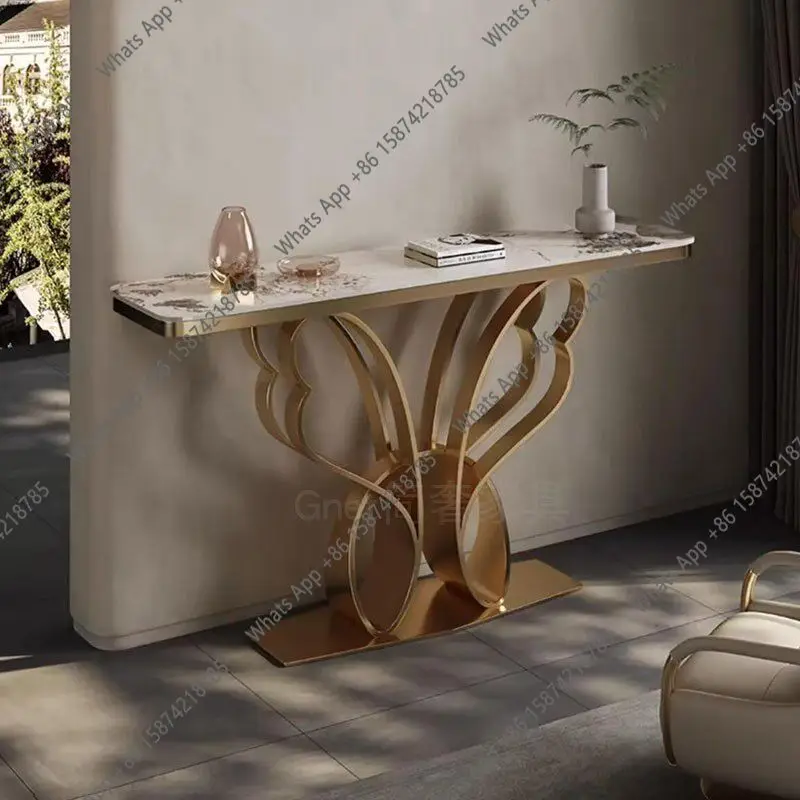 Modern light luxury stainless steel strip entrance corridor against the wall high-end modern rock slab end view platform