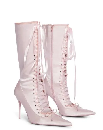 Pink Pointed Toe Butterfly-Knot Knee-High Women Boots Stiletto High Heels Lace Up Design Large Size Fashion Lady Shoes view 5