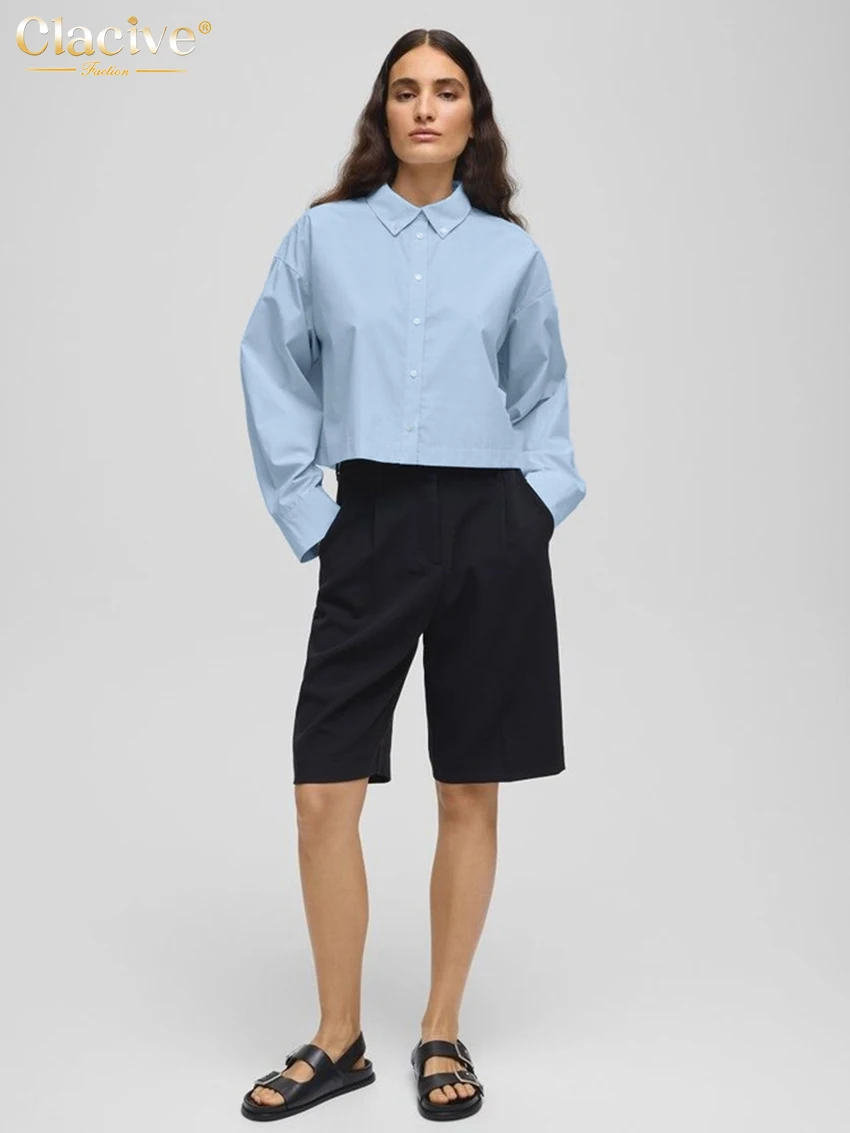 Clacive موضة فضفاضة القطن الأبيض قميص نسائي 2025 أنيقة التلبيب كم طويل بلوزة عادية بسيطة قمة صلب الملابس النسائية