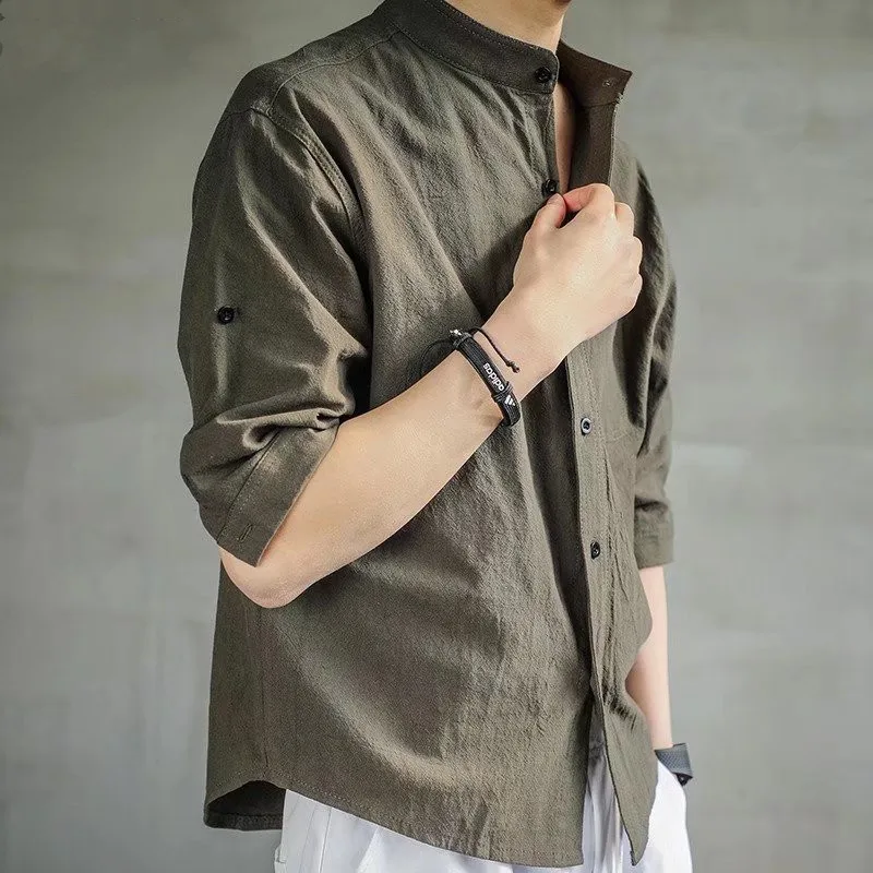 

Japanese Sle Men's irt f Sve Long Sve Cotton Linen Faionable Stand Collar Summer Top Youth ular Loose Fit