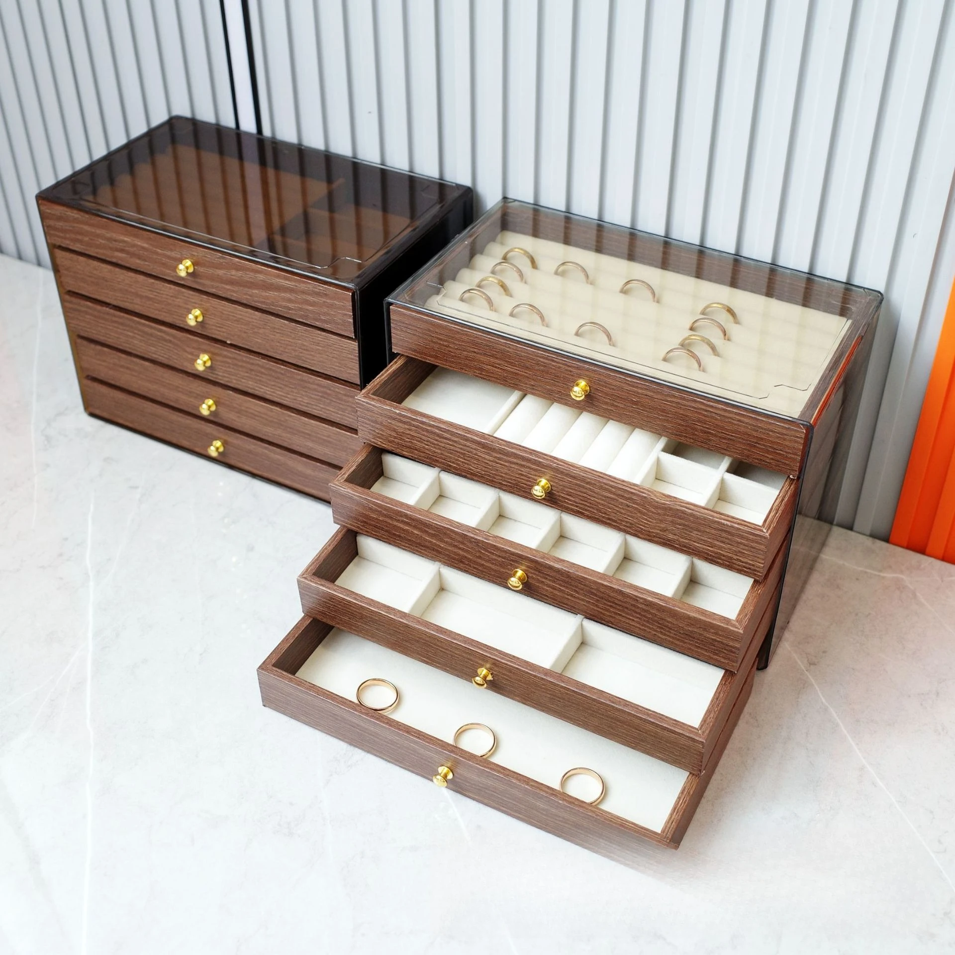 

New Acrylic Velvet Jewelry Organizer with 5 Drawers Stackable Display Storage Earrings Necklace Bracelets Box Holder Case