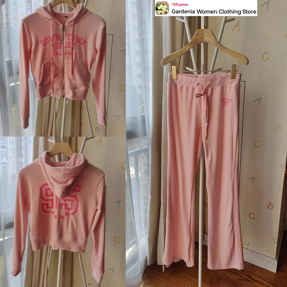 Aesthetic Women\'s Gorgeous Pink Two-piece Sport Set Fashion Velvet Hooded Jacket with Tonal Text Matching ComfyText Velvet Pants