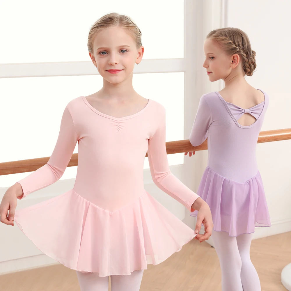 Body da balletto per ragazze, maniche lunghe, body da ballo per bambini, con gonna classica (bambino piccolo/grande)