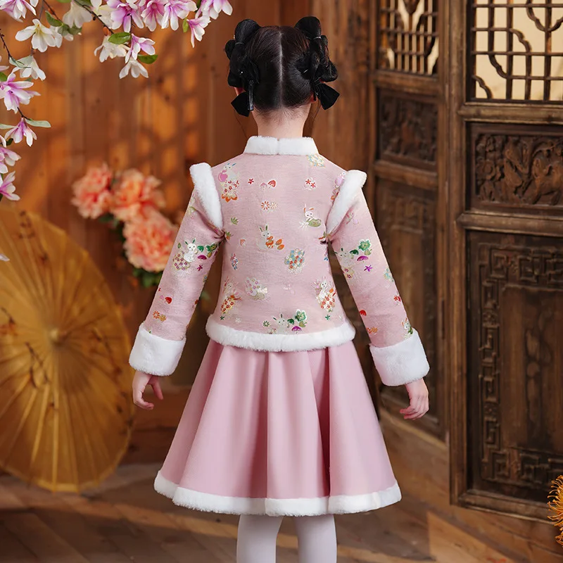 2022 Winter Embroidere Girls Dress For Chine New Year Vintage Chinese Cheongsam 2 Pieces Hanfu Set Kid Spring Festival Gift