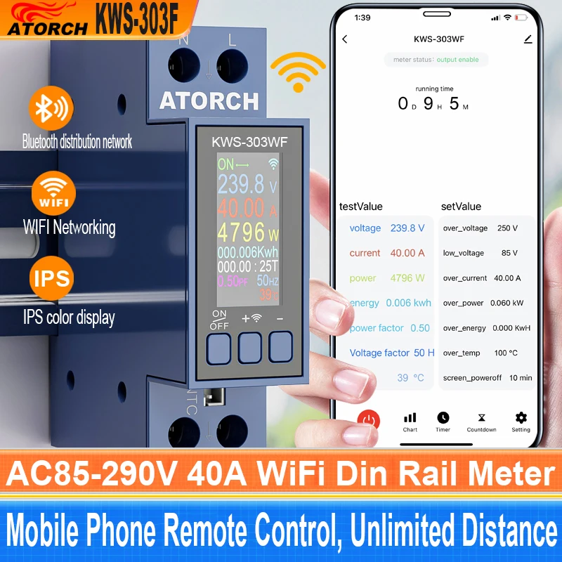 WIFI Tuya Din Rail AC Monitor Multifunction Energy Power Voltage Current Power Factor KWH Electric Frequency Meter AC85-290V/40A