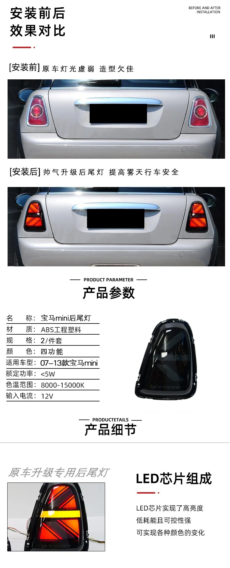 For BMW Mini R56 R57 R58 R59 2007-2013 Car Tail Light Assembly LED Rear Tail Light Modified DRL Brake Reverse Turn Signal Lamp detail image 2