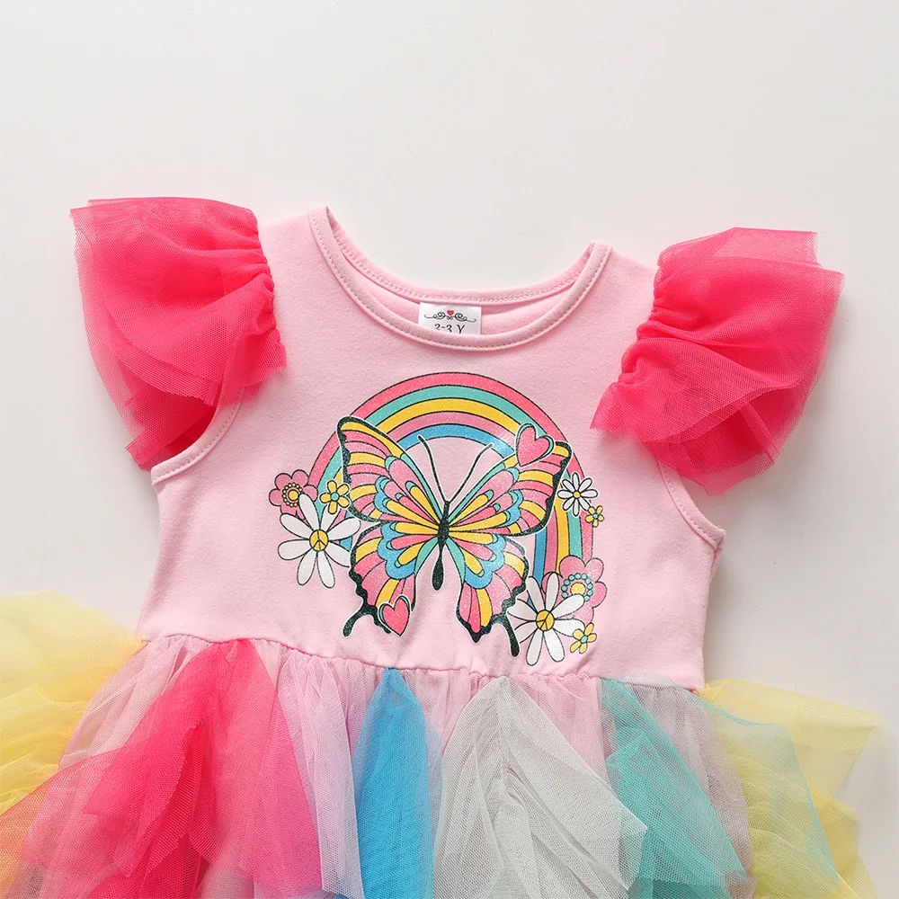 VIKITA Girls Butterfly PrintbDress Kids Flare Sleeve Summer Dresses Girl Rainbow Colorful Layered Mesh Tulle Tutu Princess Dress