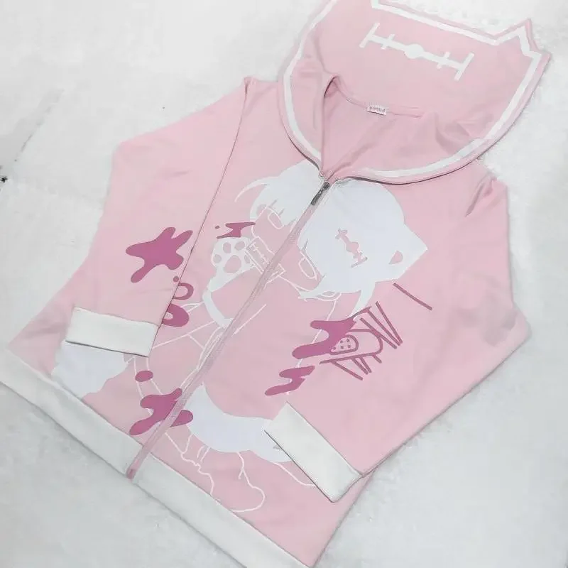 Black White Cat Ears Long Sleeve Y2k 2000s Cartoon Zip Up Jackets 2024 Autumn Winter Japanese Style Kawaii Subculture Hoodies