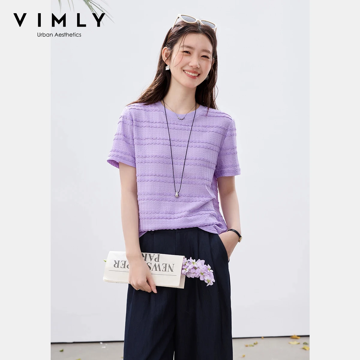 VIMLY Women's Office Short Sleeve T-Shirt 2026 Summer Tee Minimalist Textured Lace Stripe Patch Loose Casual Crew Neck Top A1832