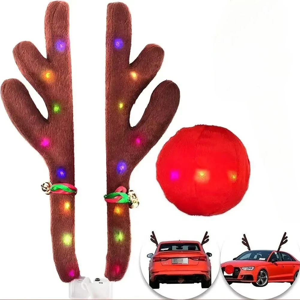 Car Truck Costume Reindeer Deer Antlers 3Pcs Removable Christmas Perfect Holiday Car Decoration Accessories Car Ornaments