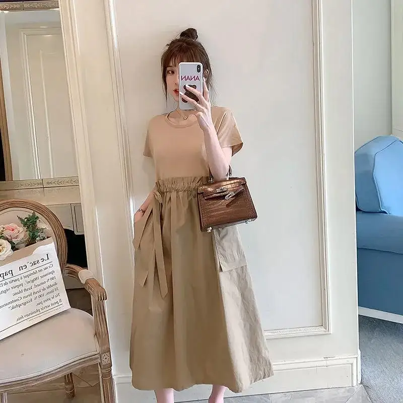 Large Size Summer Casual Slimming and Flesh Covering Fake Two-piece Dress with Waistband Tie Up T-shirt Skirt and Black Skirt