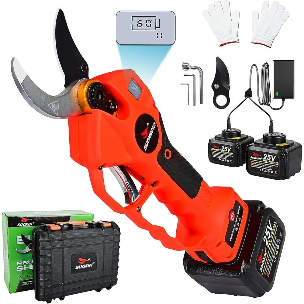 Tesouras de poda elétricas 25V, podador de árvores sem fio sem escova de diâmetro de corte de 1,6" com display LCD, baterias 2 × 4,0Ah, lâmina SK5