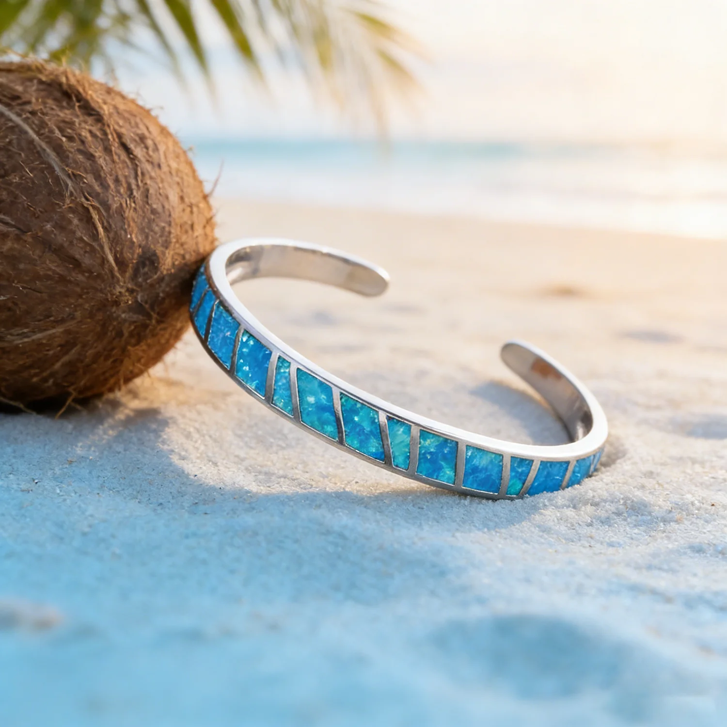 Dazzling Blue Opal Bangles  White K Plated High-Quality Jewelry for Women Open Design Suitable for Ideal Couple Anniversary Gift