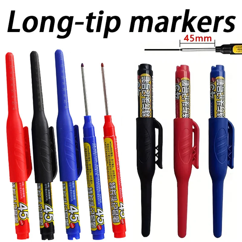 6Pcs/Set 45mm Tip Long Head Marker Pens, With A Pen Cap Woodworking Drilling Marking Pen Can Be Filled, For Deep Hole Marking