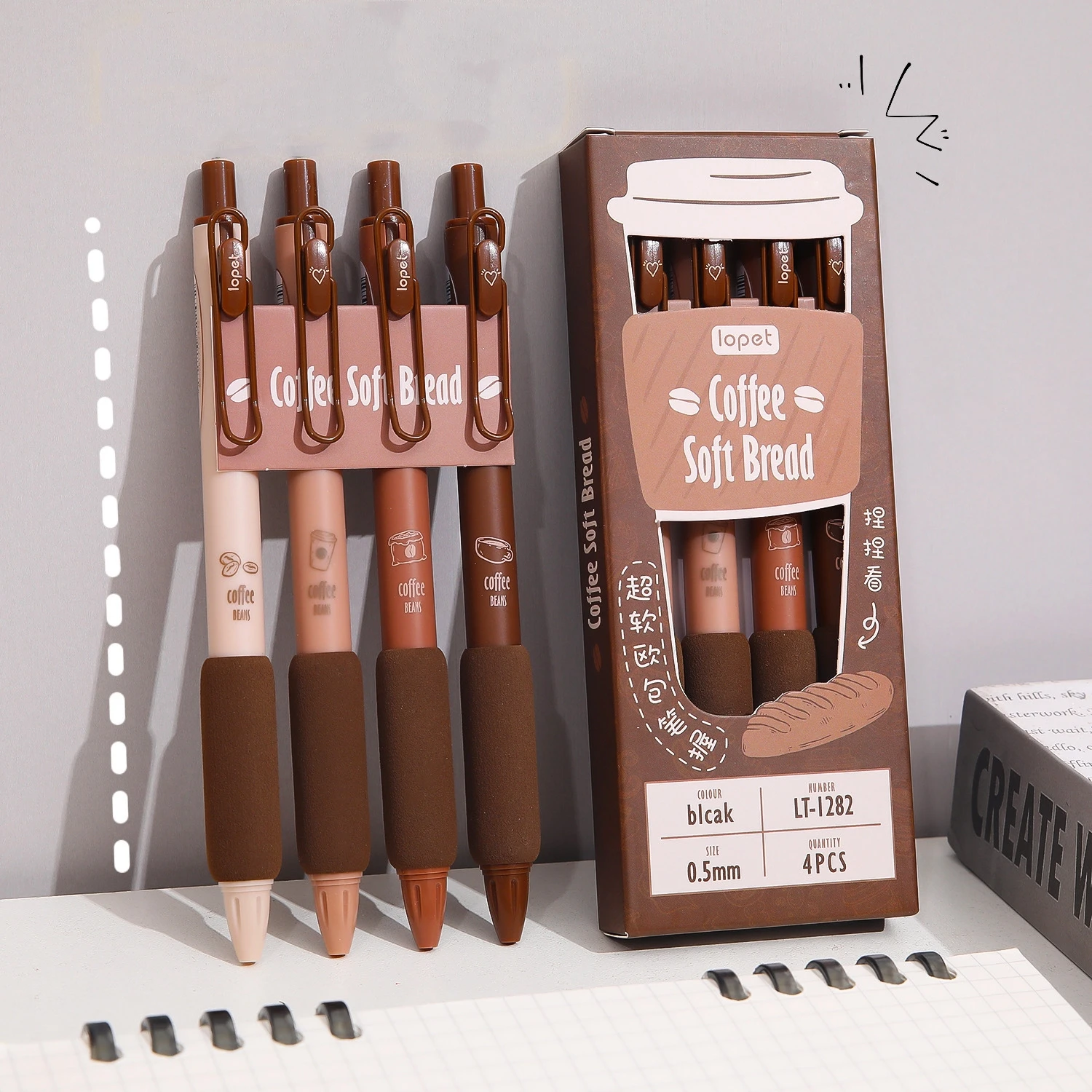 4pcs Coffee Beans Gel Pen Set Soft Bread Touch 0.5mm Ballpoint Black Color Ink for Writing Office School A7304