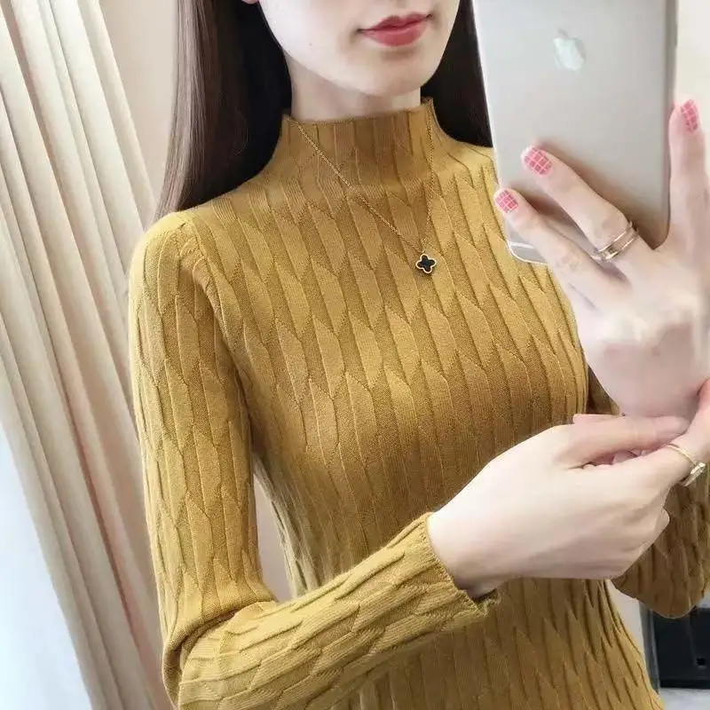 2026 Slim Fit Knitted Base Pullovers Autumn Winter Half Turtleneck Sweater Women's Solid Long Sleeve Casual Ruched Sweater