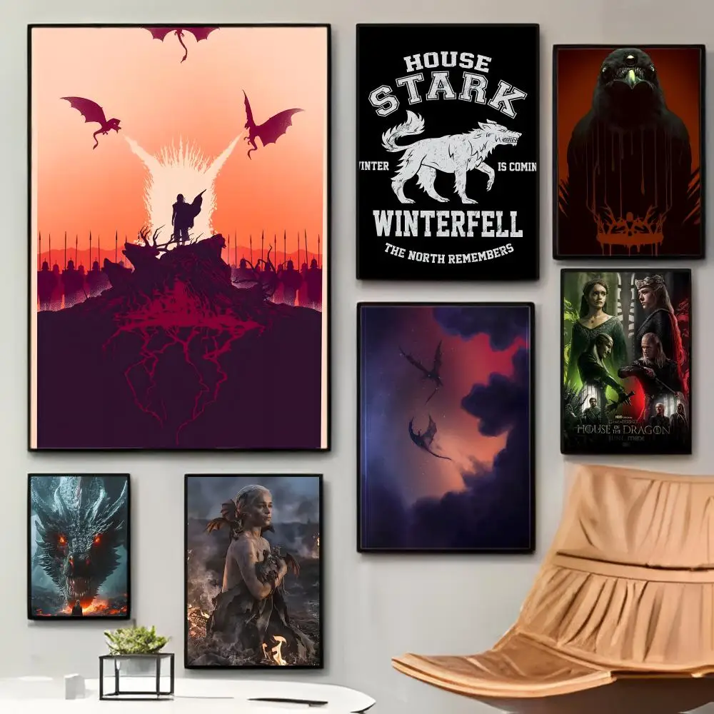 Pôster Decorativo Game of Thrones HBO Dragões Trono de Ferro Adesivo Impermeável para Cafeteria Bar Quarto Decoração de Parede Presente