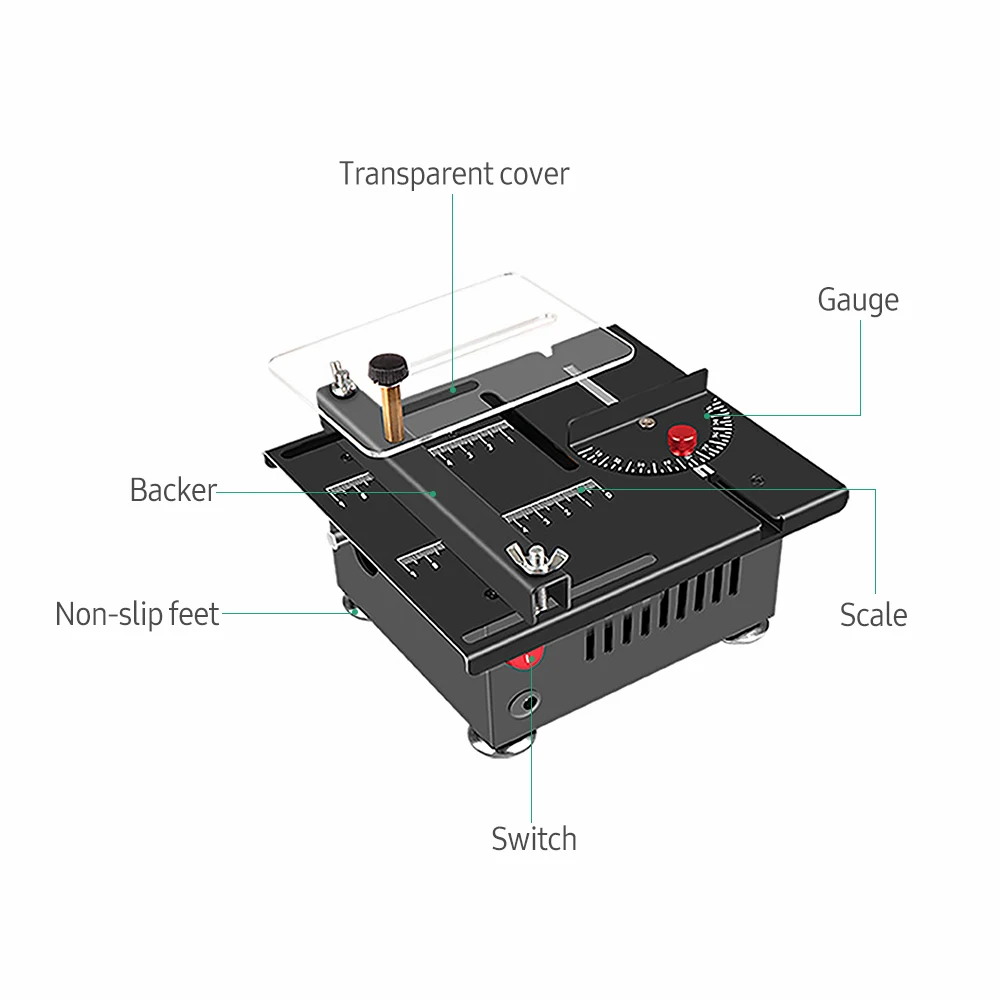 100W Multi-Functional Table Saw Mini Desktop Electric Saw Cutter Speed & Angle Adjustable Liftable Blade 16MM Cutting Depth