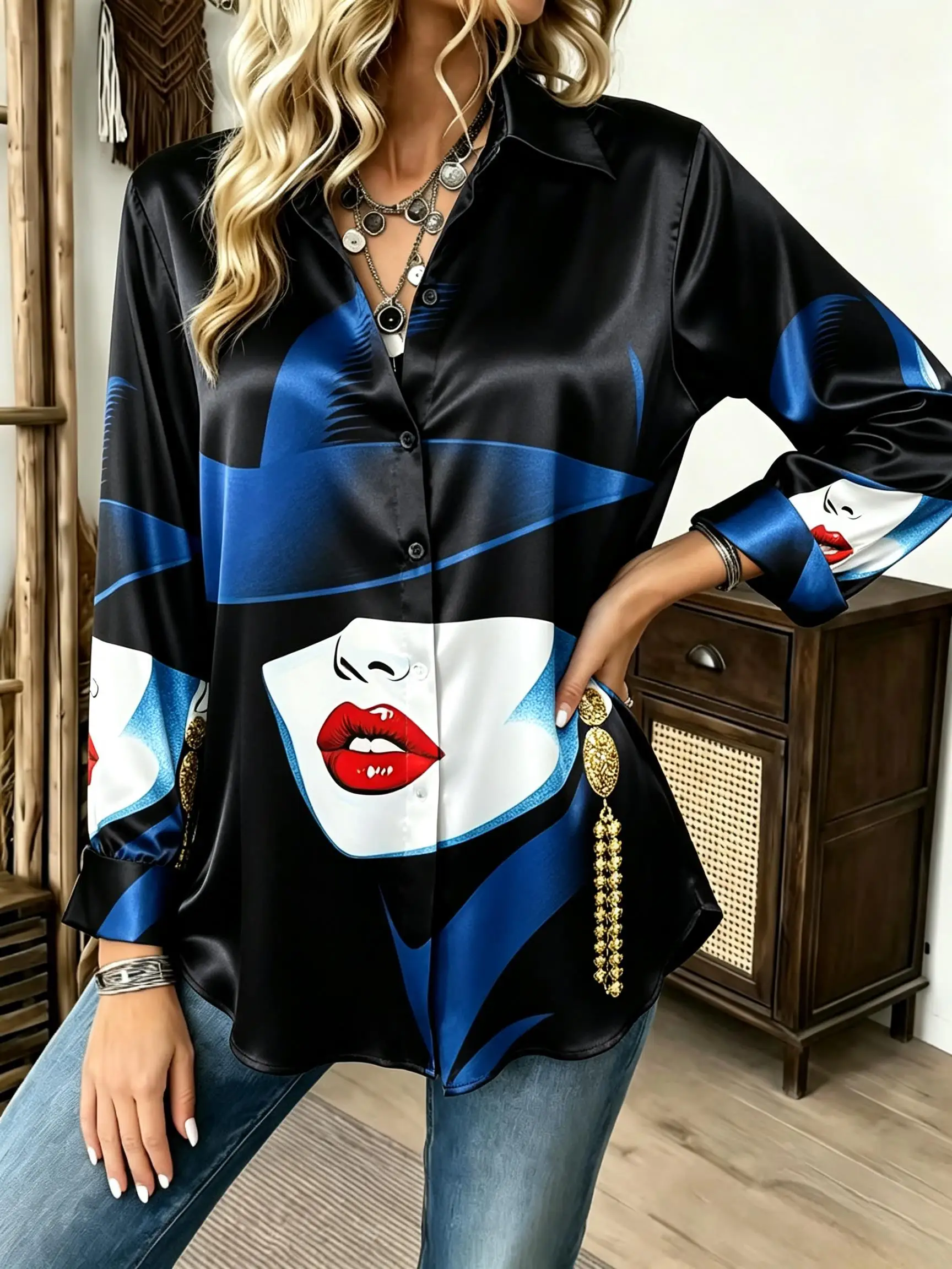 Women Lapel Long Sleeve Button‑Down Shirt Pop Art Lady Face Graphic Print Blouse Fashion Party Casual Ladies Top