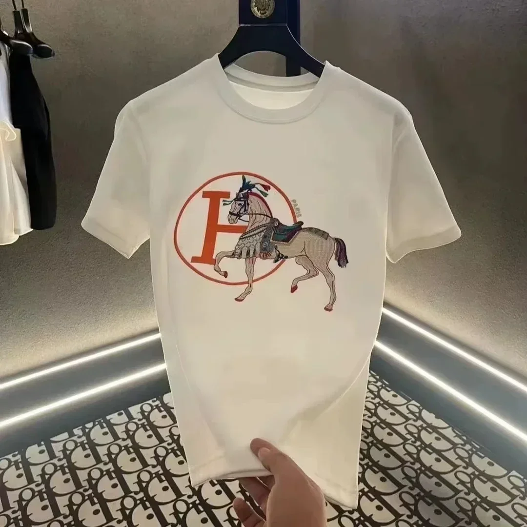

Новинка 2025, жаркое лето, женский H с принтом лошади, высококачественный модный брендовый пуловер из чистого хлопка с принтом, мужской трикотаж с коротким рукавом
