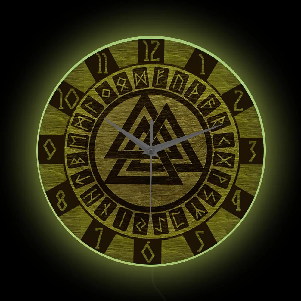 

Celtic Pattern Valknut Symbol LED Nightlight Wall Clock For Living Room Viking Runes Wood Texture Printed Luminous Wall Clock