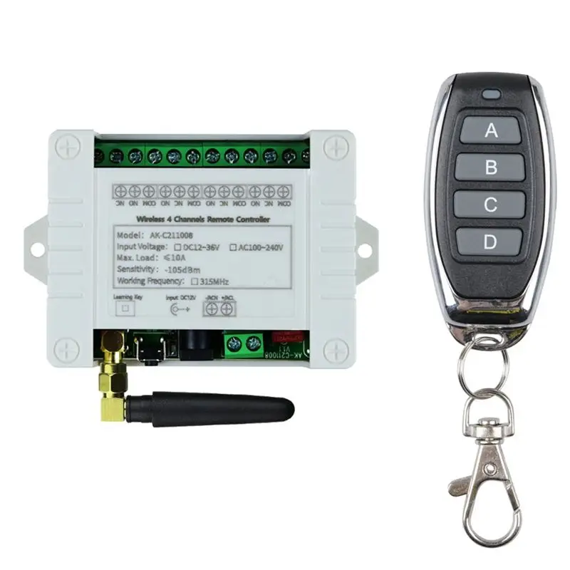 A84X-DC 12V 24V 36V 10A 433Mhz 4 Channel Wireless Relay RF Remote Control Switch Receiver+4CH Transmitter