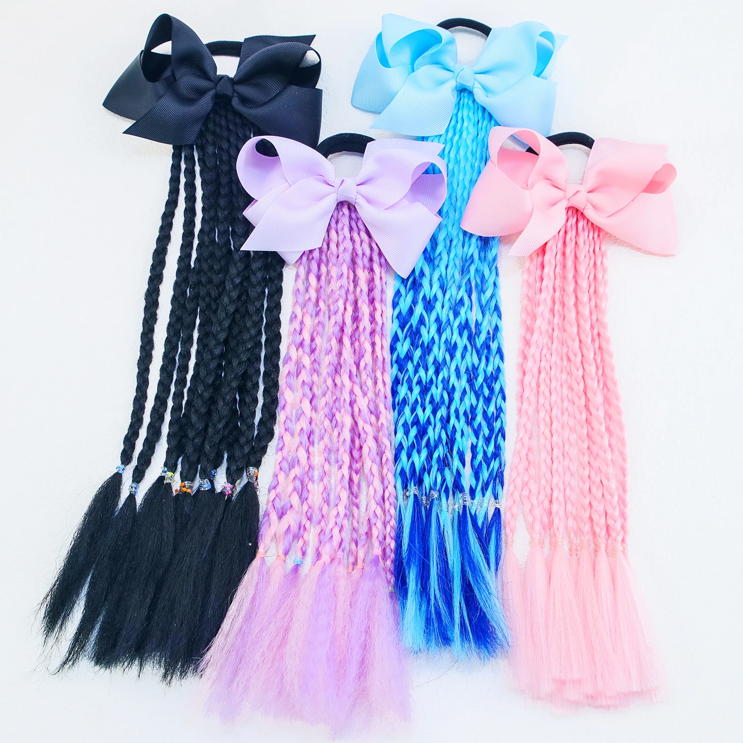 Girls Hair Bows Dirty Braids Colorful Twist Tie Wigs Ponytail Kids Hair Accessories 4\'\' Hair Bows Rubber Bands Princess Headwear