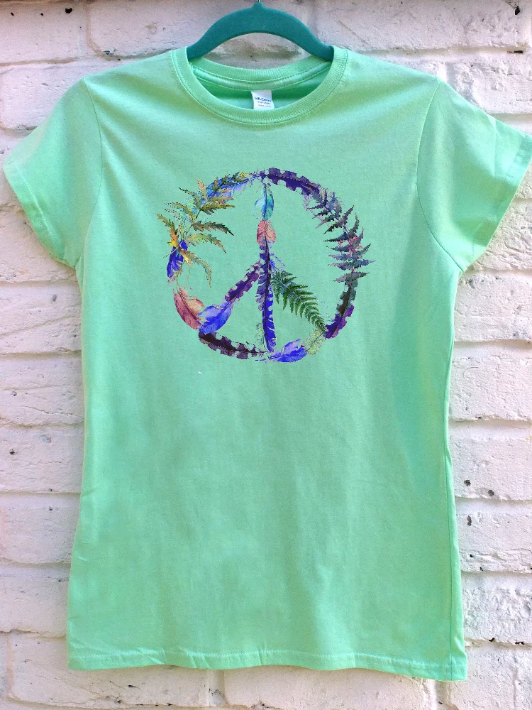 Boohoo Peace T Shirt Vintage Hippie Art Love Botanical Nature Ferns and feathers Ladies Fitted Soft tee 100 Cotton Slim Fit