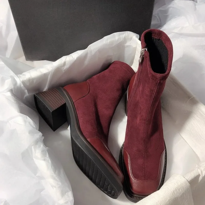 

Ankle Women Boots Square Toe High Heels Shoes Suede Chunky Snow Boots 2025 Elegant New Winter Heeled Shoes Brand Party Zapatos