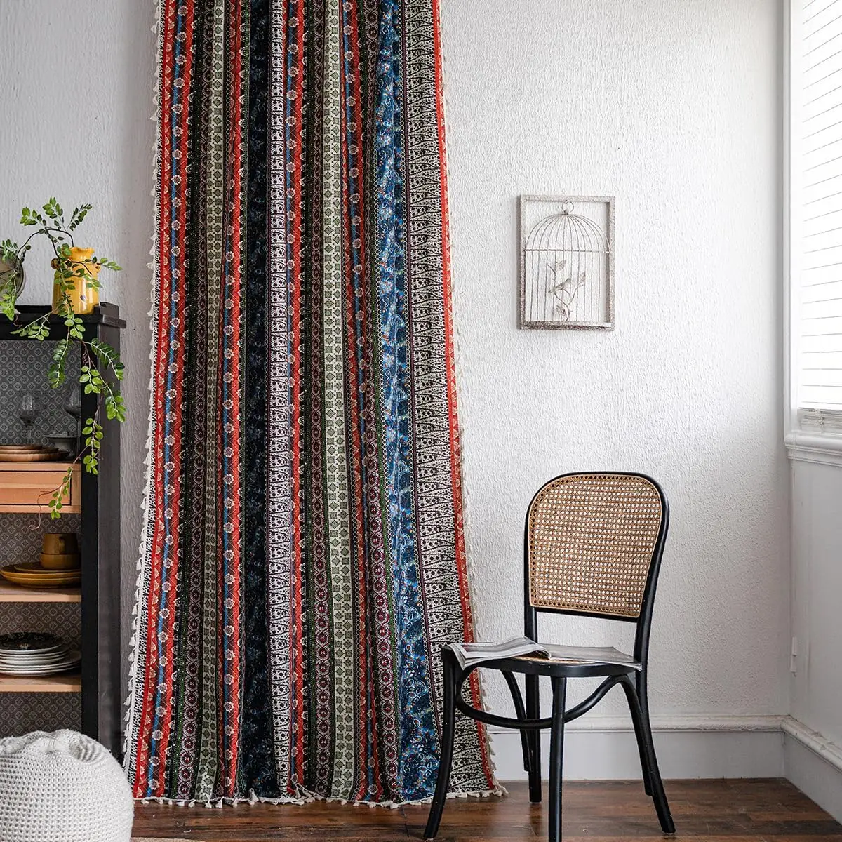 

Linen Textured Boho Curtains, Red Strips Geo Print Room Divider Drapes for Living Room, Soft Touch Rod Pocket Window Cur