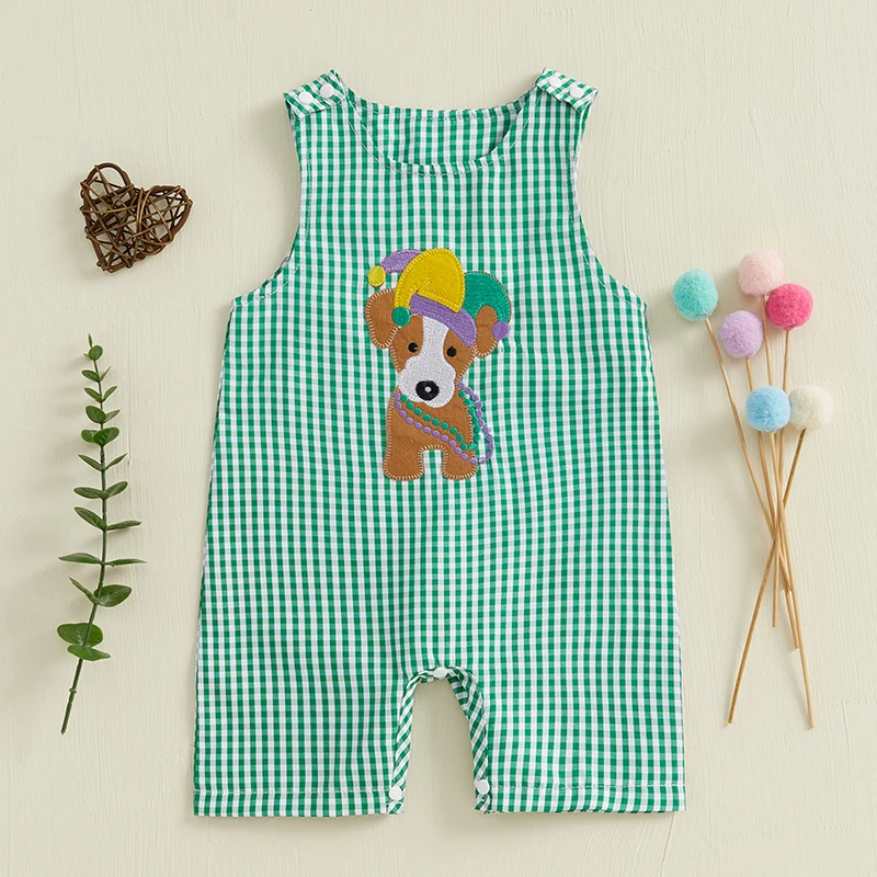 Baby Summer Rompers Soft Plaid Puppy Pattern Button Sleeveless Crew Neck Newborn Jumpsuits