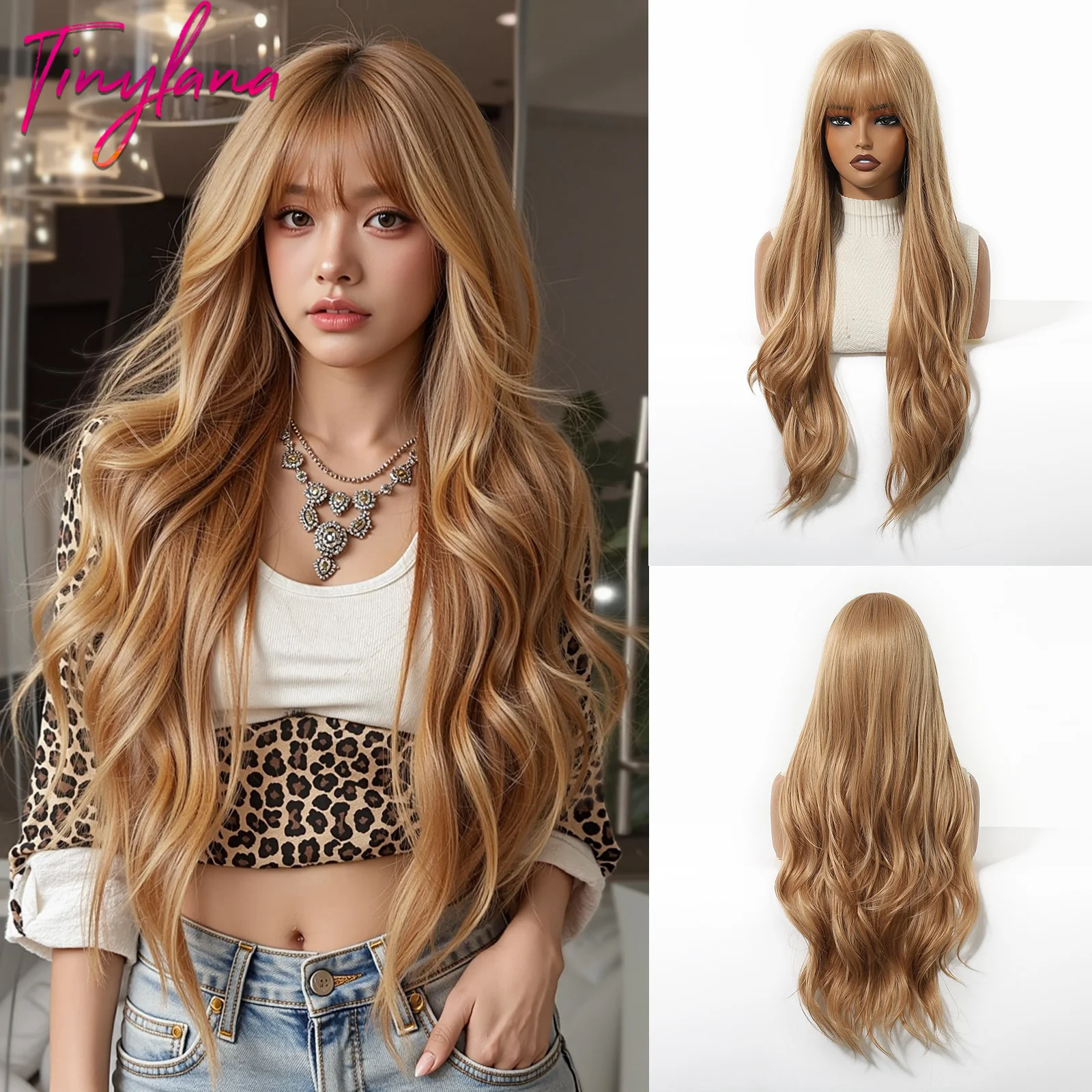 

Long Blonde Wavy Synthetic Wigs with Bangs Lolita Cosplay Blonde Halloween Natural Wave Hair Wigs for White Women Heat Resistant
