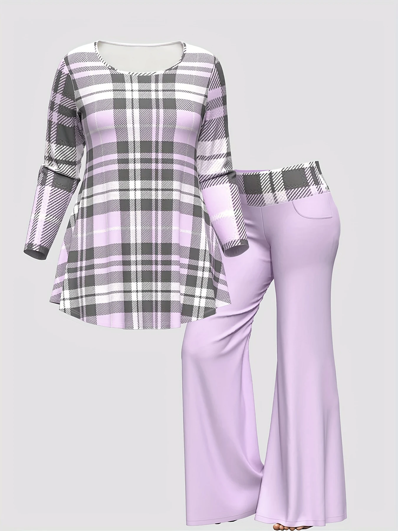 Conjunto de correspondência xadrez casual para mulheres, plus size, manga longa, gola redonda, calças largas, roupas de primavera, conjunto de 2