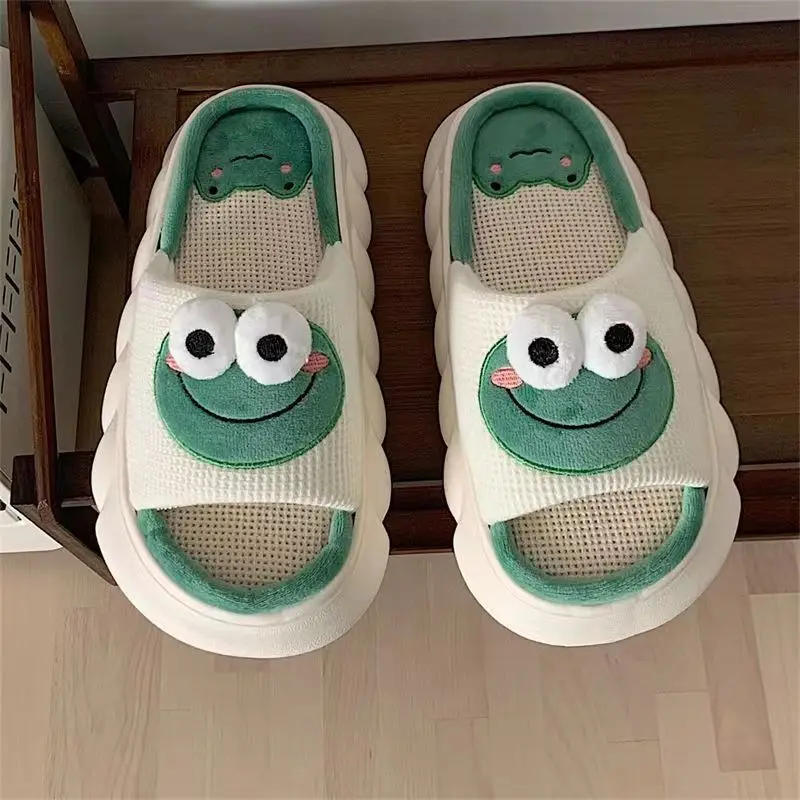 Donne Cartoon Frog pantofole inverno caldo Indoor Home Slides lino suola spessa coppia pantofola camera da letto scarpe antiscivolo sandali