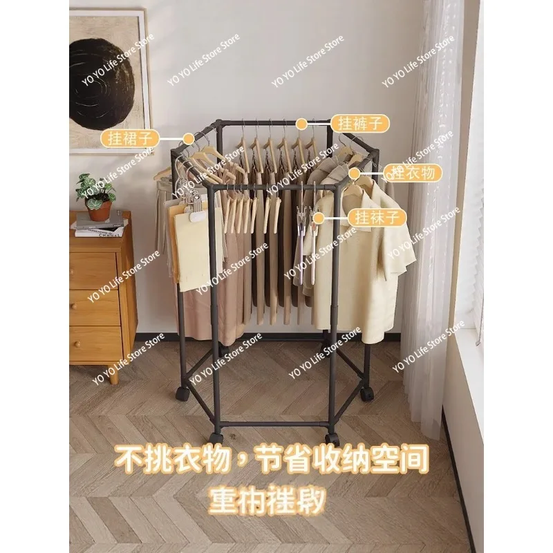 六角形回転式フロアハンガー-寮用吊り下げ式衣類ラック-室内乾燥ラック-移動式コートラック
