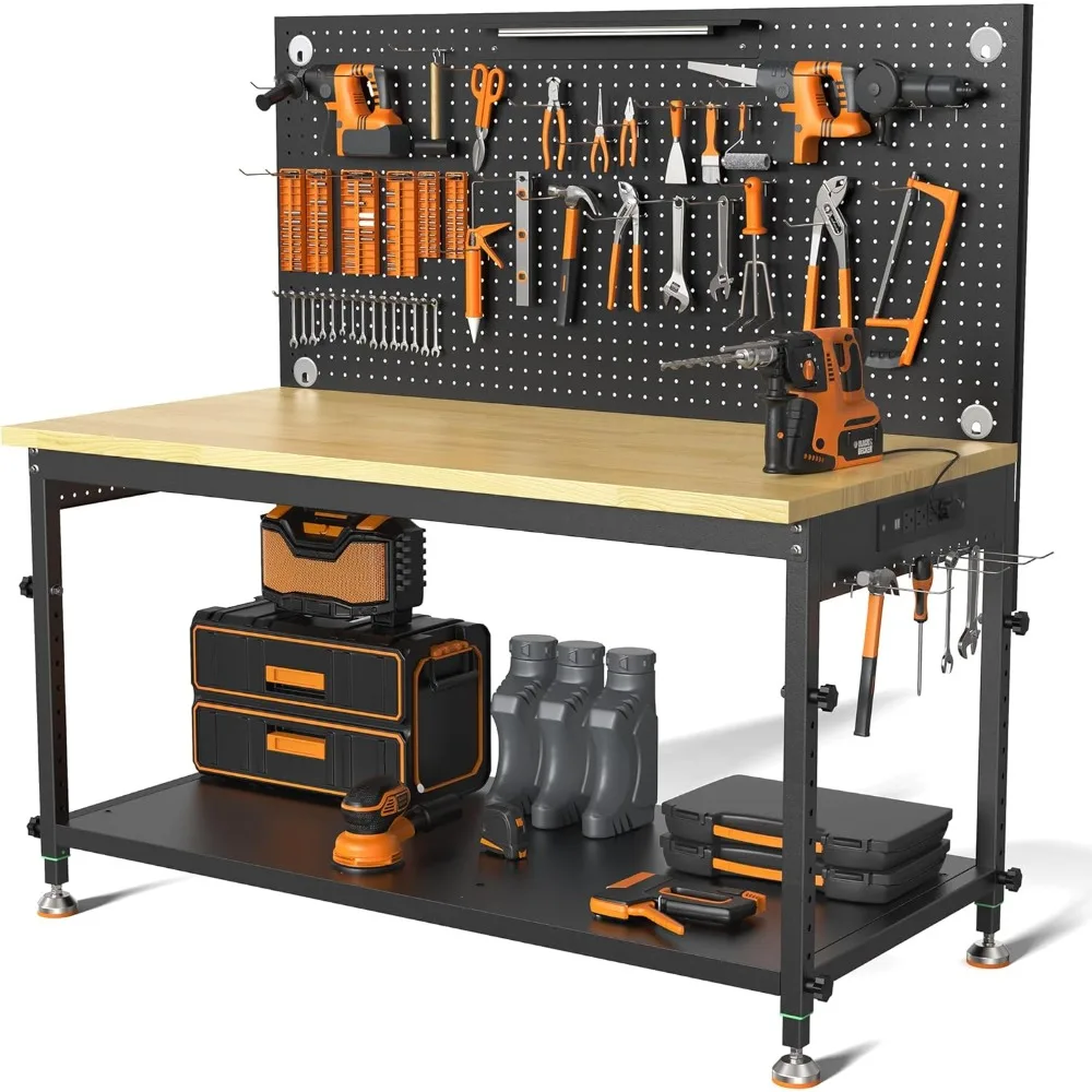 

48" Heavy Duty Work Bench Adjustable Height Max Load 2000 LBS with Storage Shelf for Garage Workbench, Rubberwood Tabletop