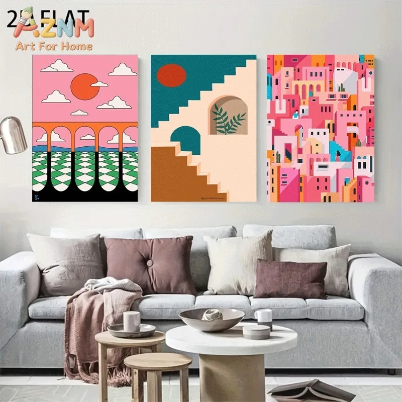 Bright Pink Geometric City Canvas Wall Art 3pcs Abstract Mediterranean Arch Building Sun Cloud Unframed Canvas Print For Living