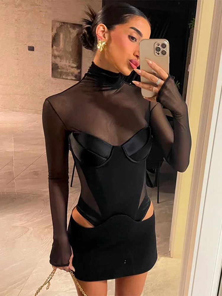 

Trendix Fashion Mesh Long Sleeve Mini Dress Club See Through Turtleneck Splice Hollow Bodysuit Dress Party Hot Girls Sexy Dress