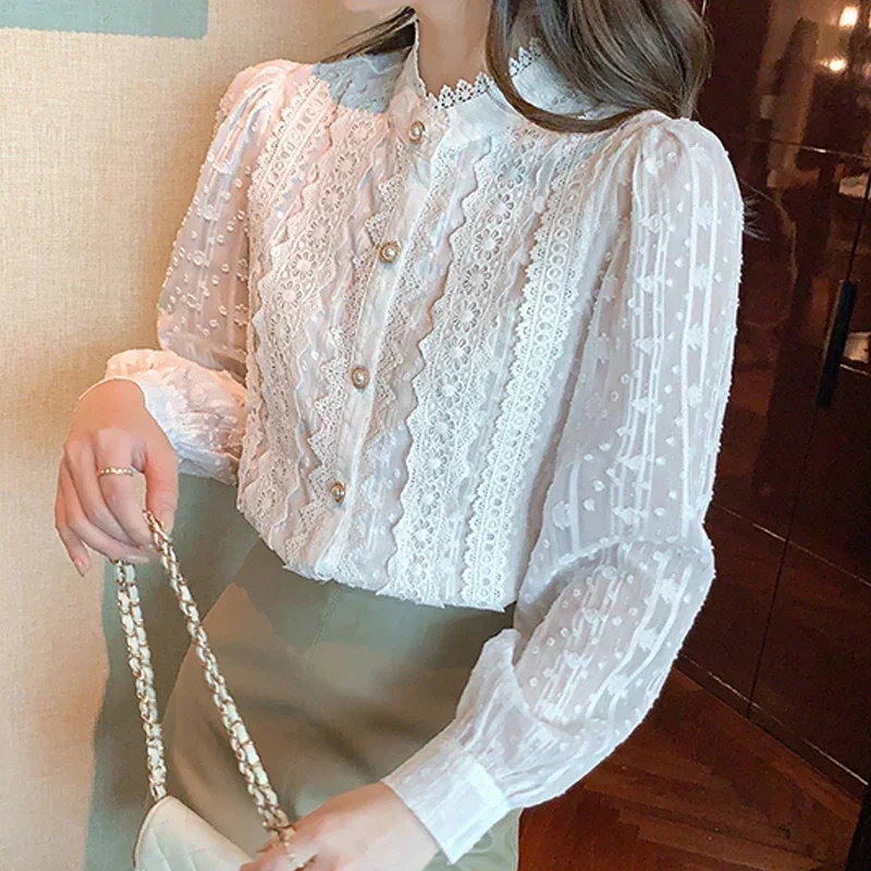 

Spring Lace White Blouse Shirt Women Tops Long Sleeve Blouse Women Blusas Mujer De Moda 2024 Blouses n Shirts Top E382