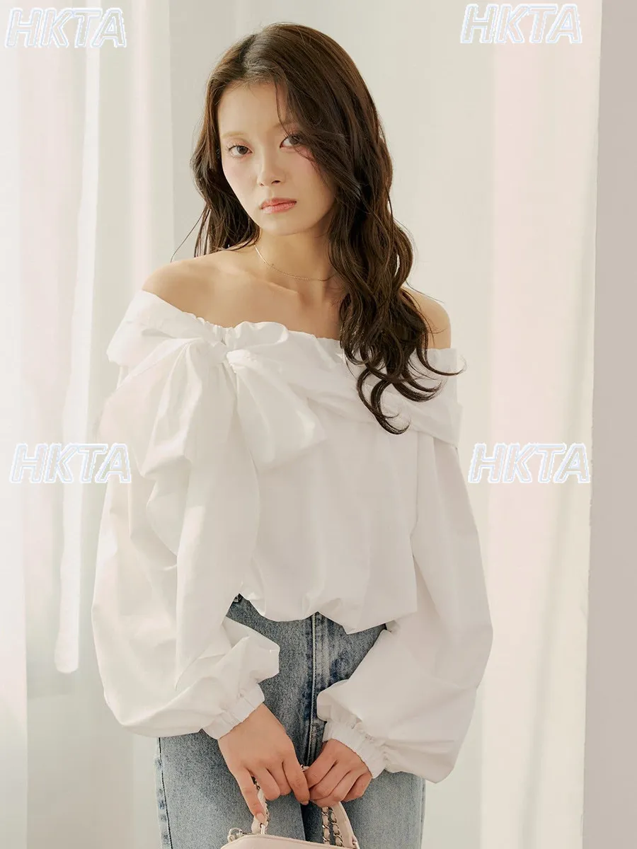 Japanese commuter temperament summer one word collar off the shoulder straps polka dot bow shirt top loose chiffon blouses women - view 6