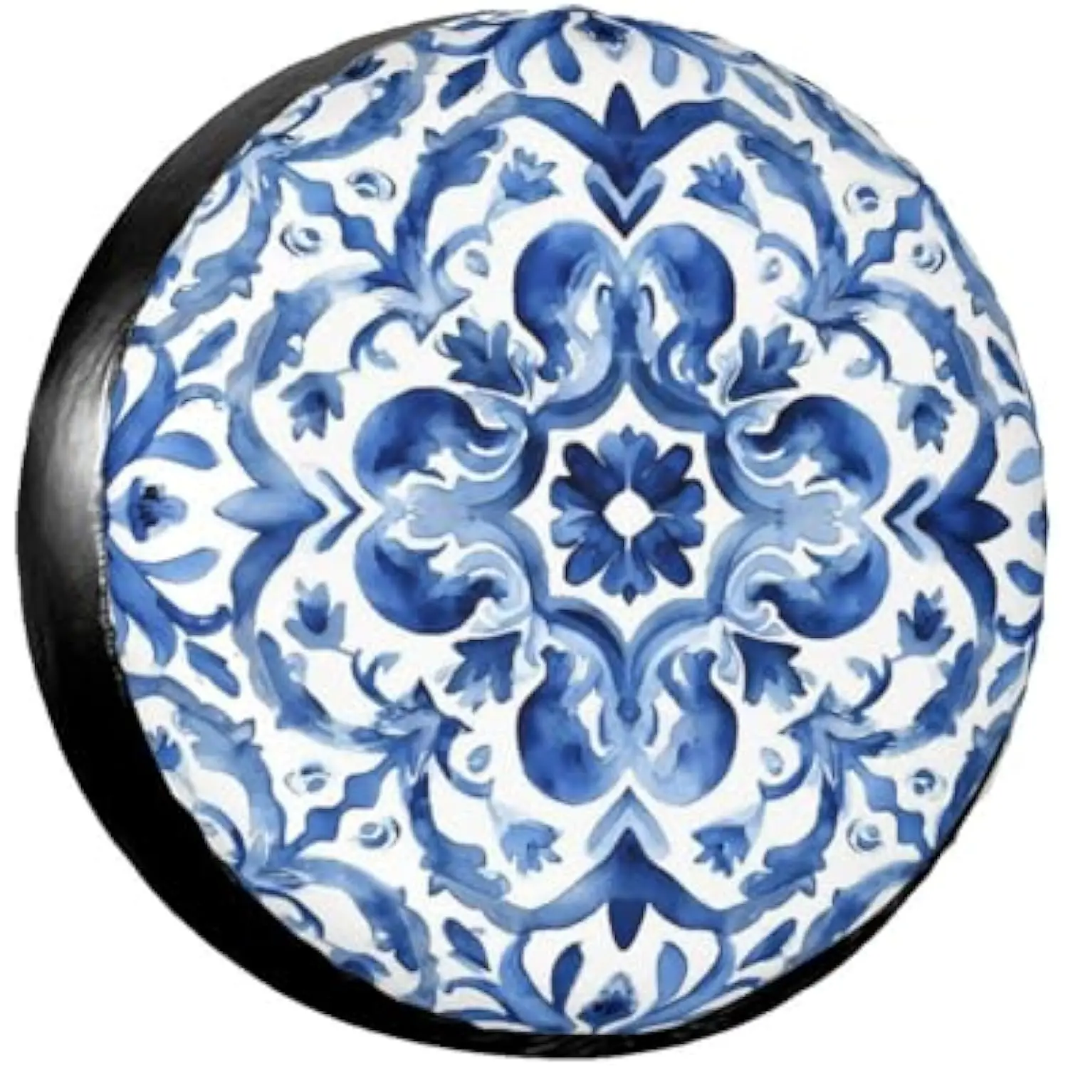 Blue Watercolor Tile Pattern Spare Tire Cover Decorative Wheel Protector for RV SUV Truck Camper Travel
