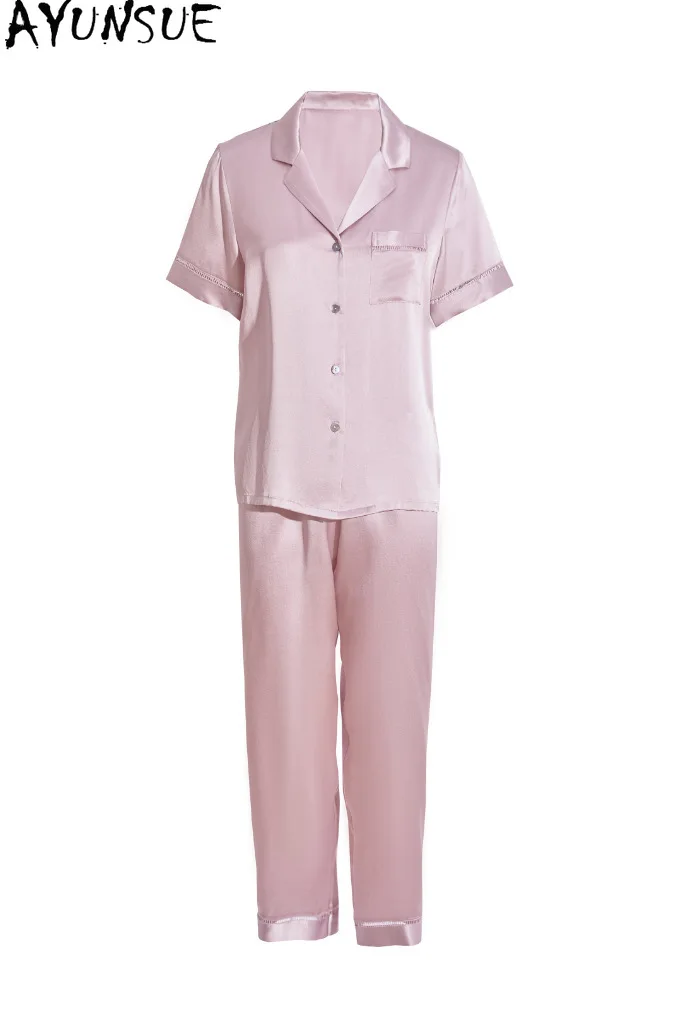 

AYUNSUE 19 мм, одежда для сна из 100% тутового шелка, женская летняя одежда, пижамные комплекты, повседневные длинные брюки, топ с короткими рукавами, состоящий из двух частей Пижама
