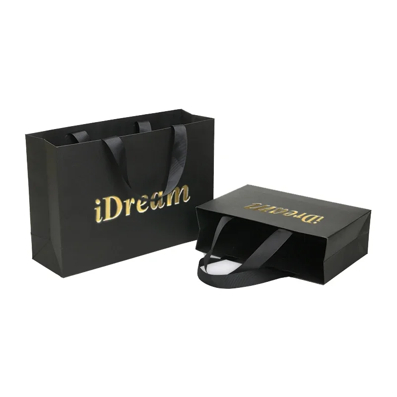 Custom Jewelry Paper Bag Custom Recycled Logo Printing Black Clothing Paper Bag With Ribbon Handle