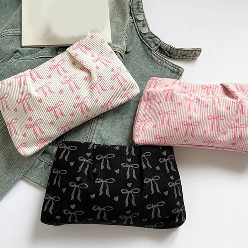 

H3CB Women Stylish Bowknots Print Clutches Handbag Large Capacity Cordurody Shoulder Bag Casual Crossbody Bag for Daily Use