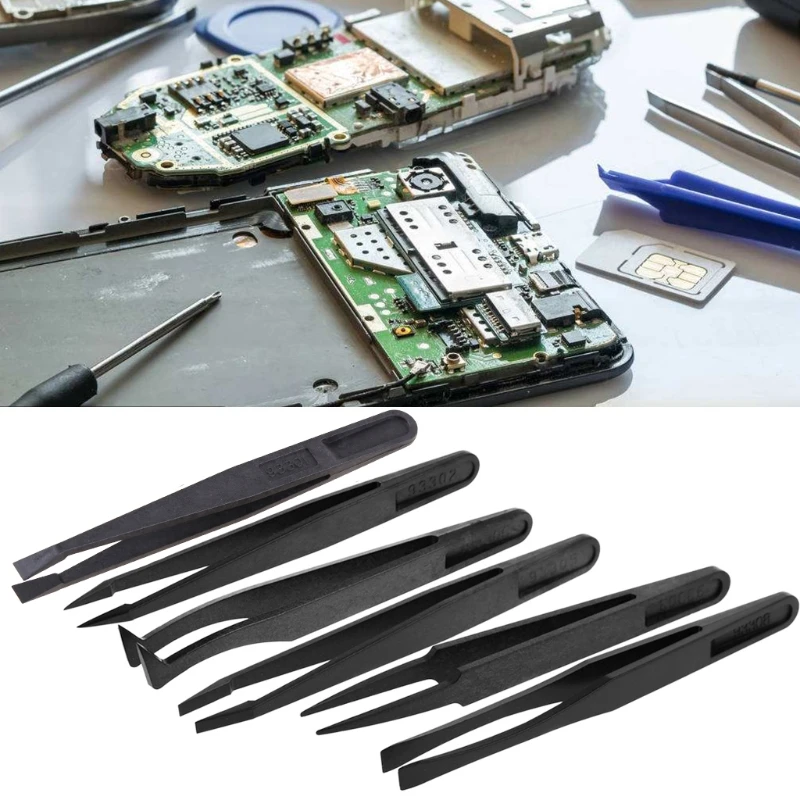 6 unids/set pinzas plástico antiestáticas pinzas rectas y curvadas herramientas manuales reparación Dropship