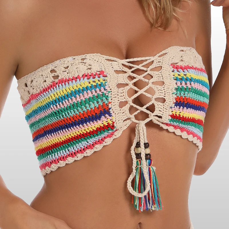 Stripe Rainbow Chain Tube Bikini Bandage Hollow-out Tassel Swimsuit With Sleeves Summer Crochet Lace Top Swimwear