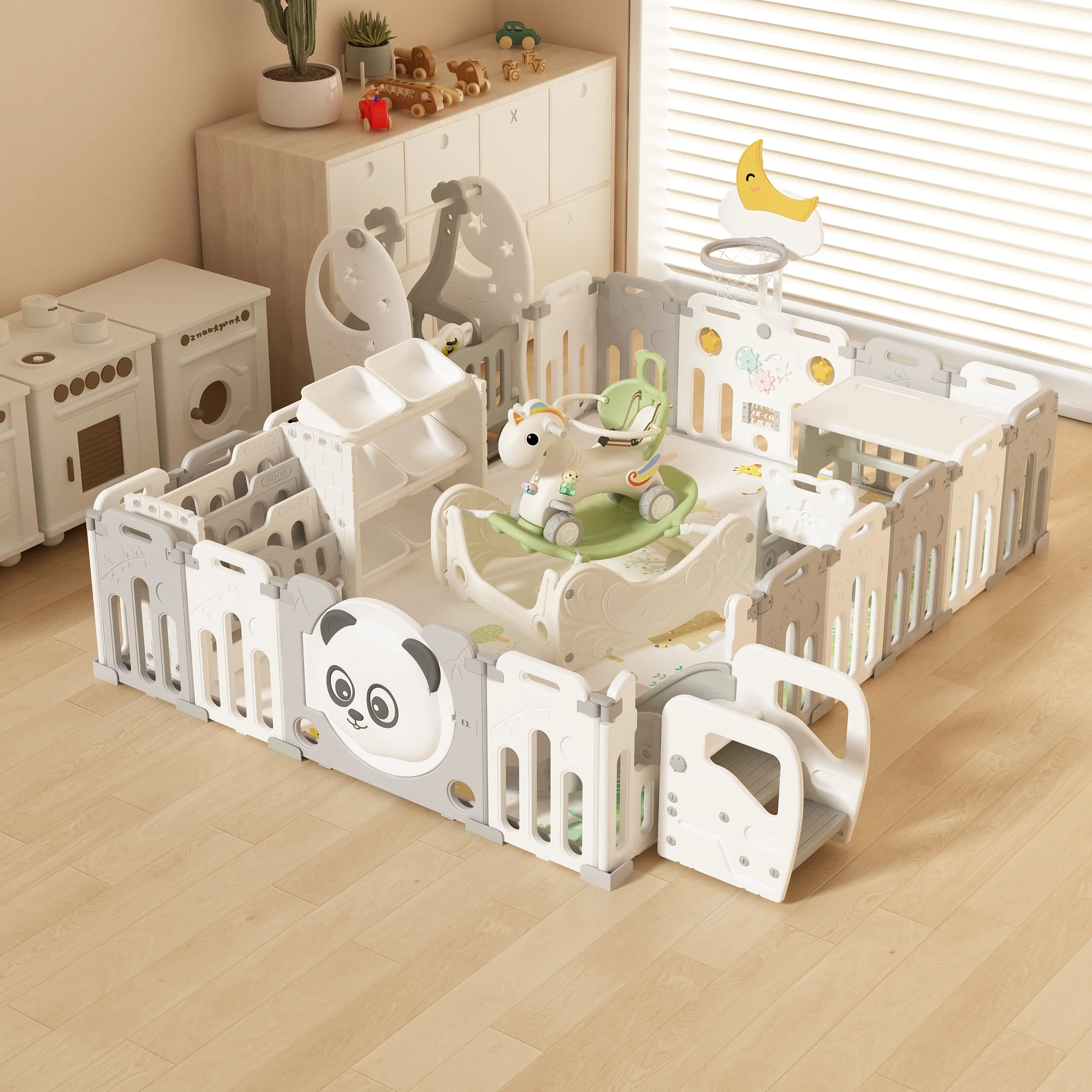 Parque infantil plegable para bebé 16 + 3 con soporte + columpio + tobogán + caballo mecedora de trampolín + almacenamiento y estantería + mesa plegable + silla para coche